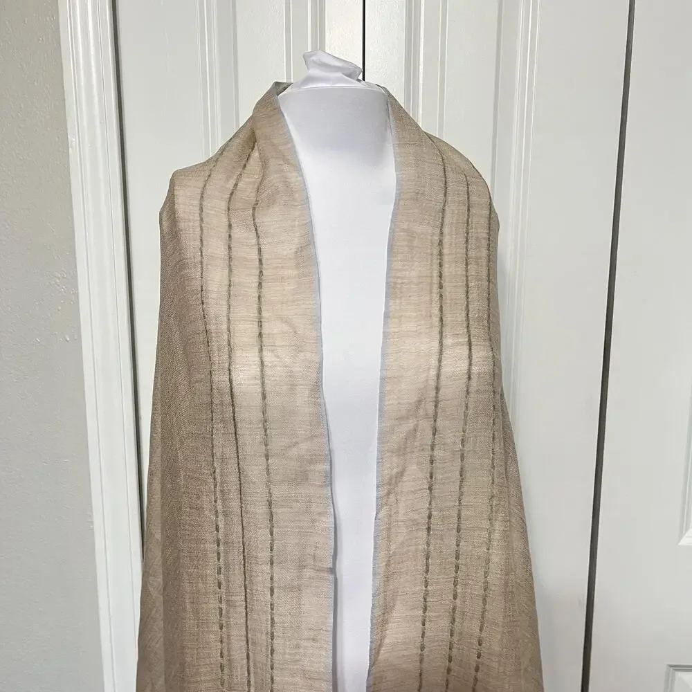 Loro Piana Shawl Wrap Womens Long Beige Cashmere Logo Stripe Scarf Italy